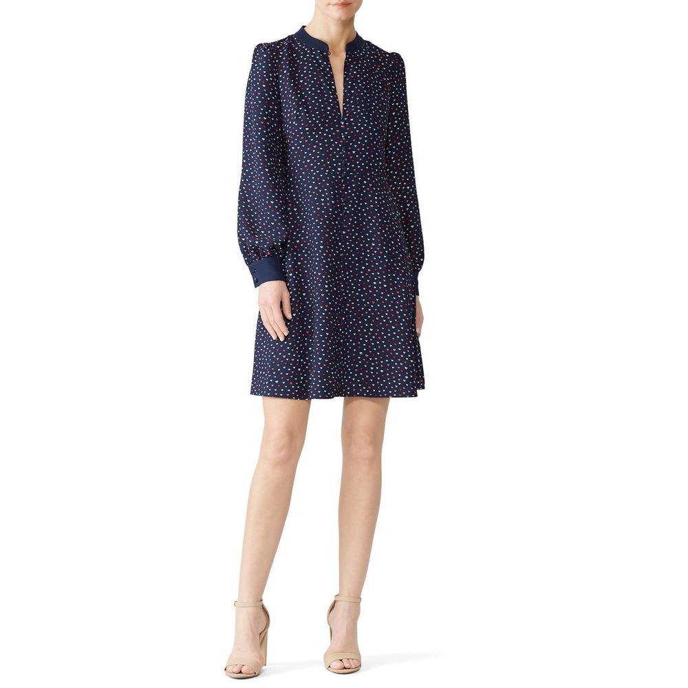 Kate Spade New York Navy Blue Lips Print Crepe Swing Dress Long Sleeve Size 6